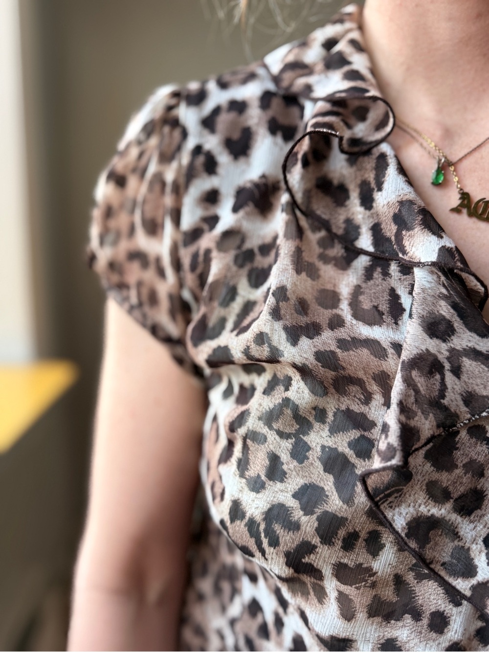 Vintage Y2K Leopard Print Chiffon Dress | Ruffle Collar Tie Waist Midi | M/L - Picture 4 of 8